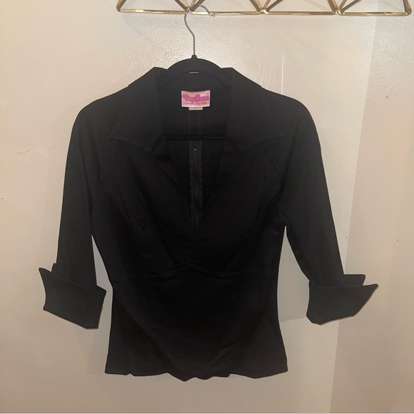 Pinup Couture Lauren Blouse in Black Sateen, Sz L - Picture 3 of 6